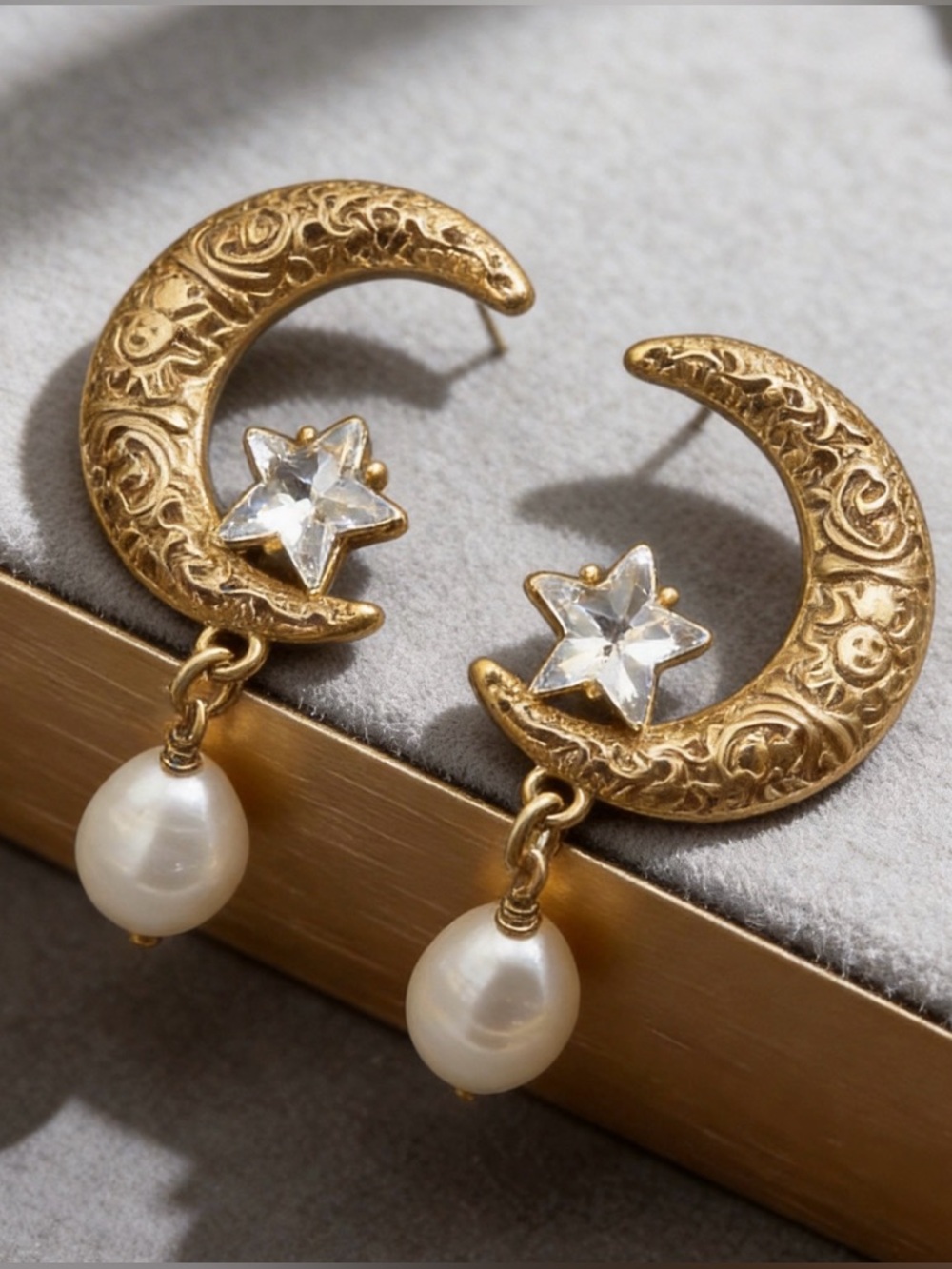 Gold Moon & Pearl Drop Earrings with Star Accent